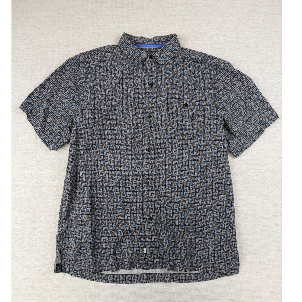 Tommy Bahama Mens Silk Short Sleeve Button Down Shirt Geometric Grey Blue Size M